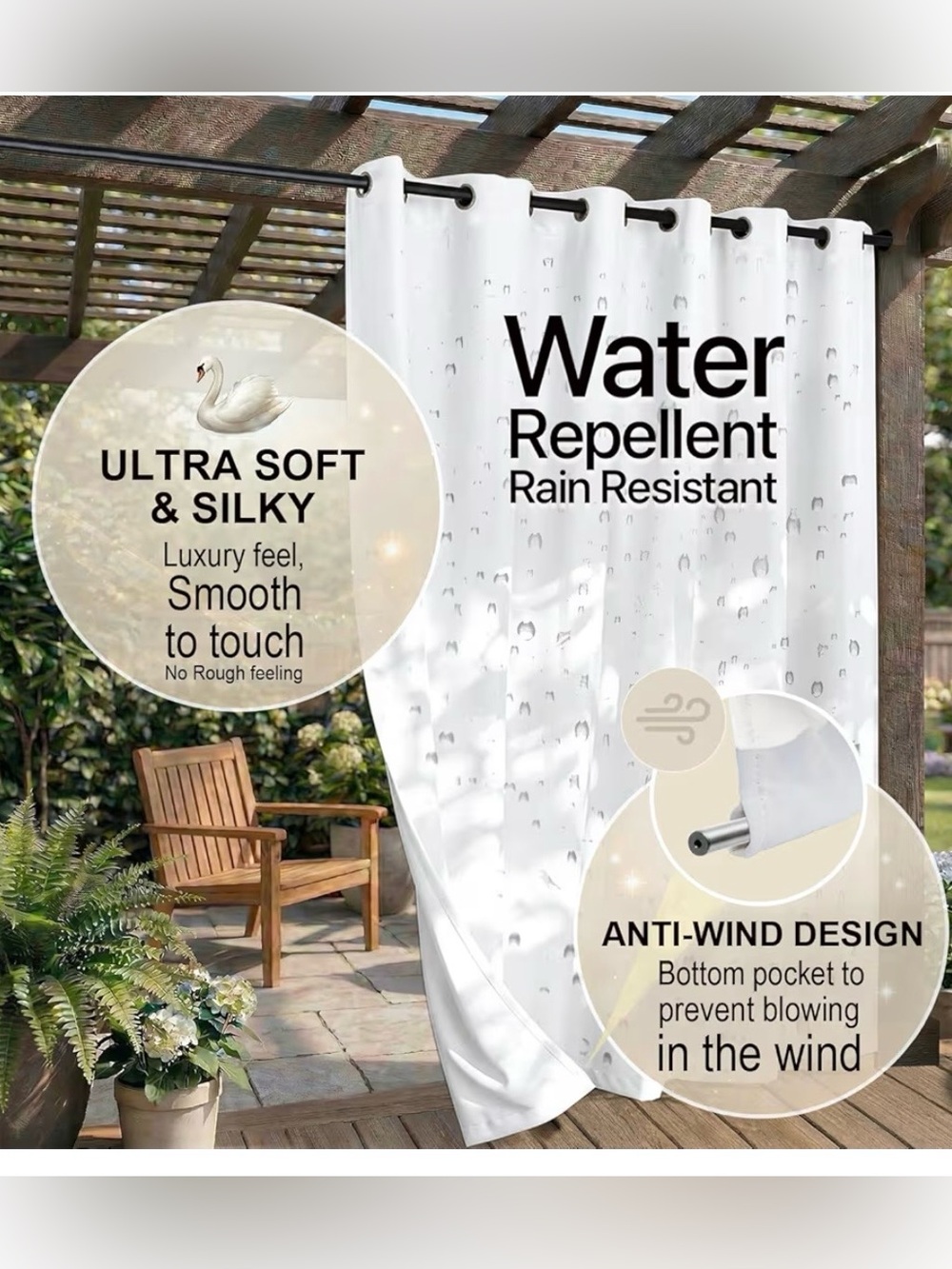 Pure White Outdoor Waterproof Grommet Curtains -